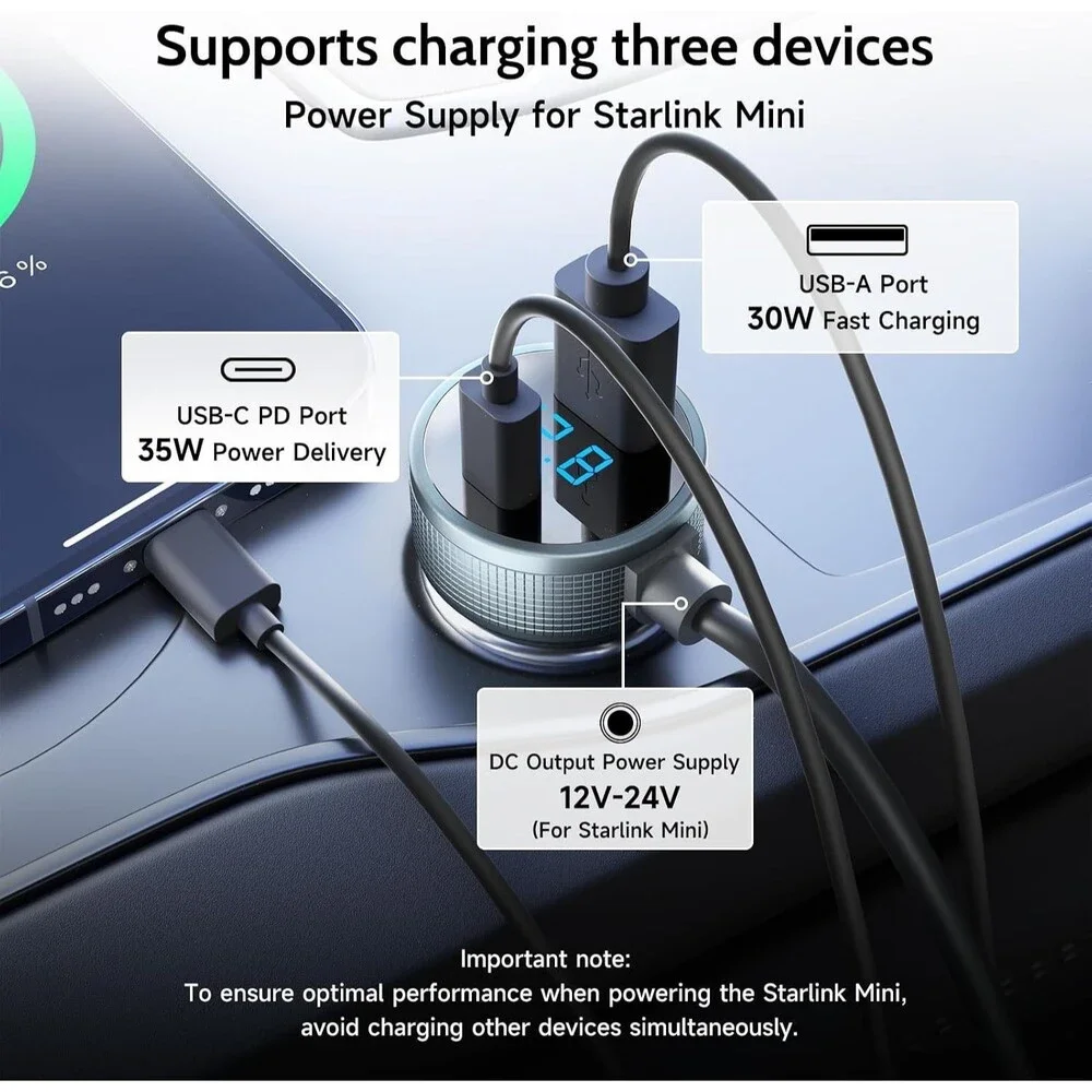 Starlink Mini Car Adapter 12V-48V USB-C PD 40W USB-A 35W 10FT Cable Kit
